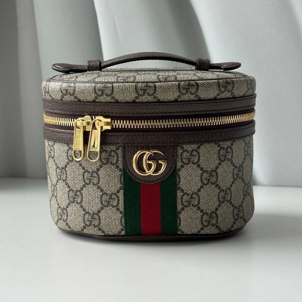 Gucci Ophidia GG Supreme Cosmetic Case Vanity Bag- Top Handle Beige/Brown Logo